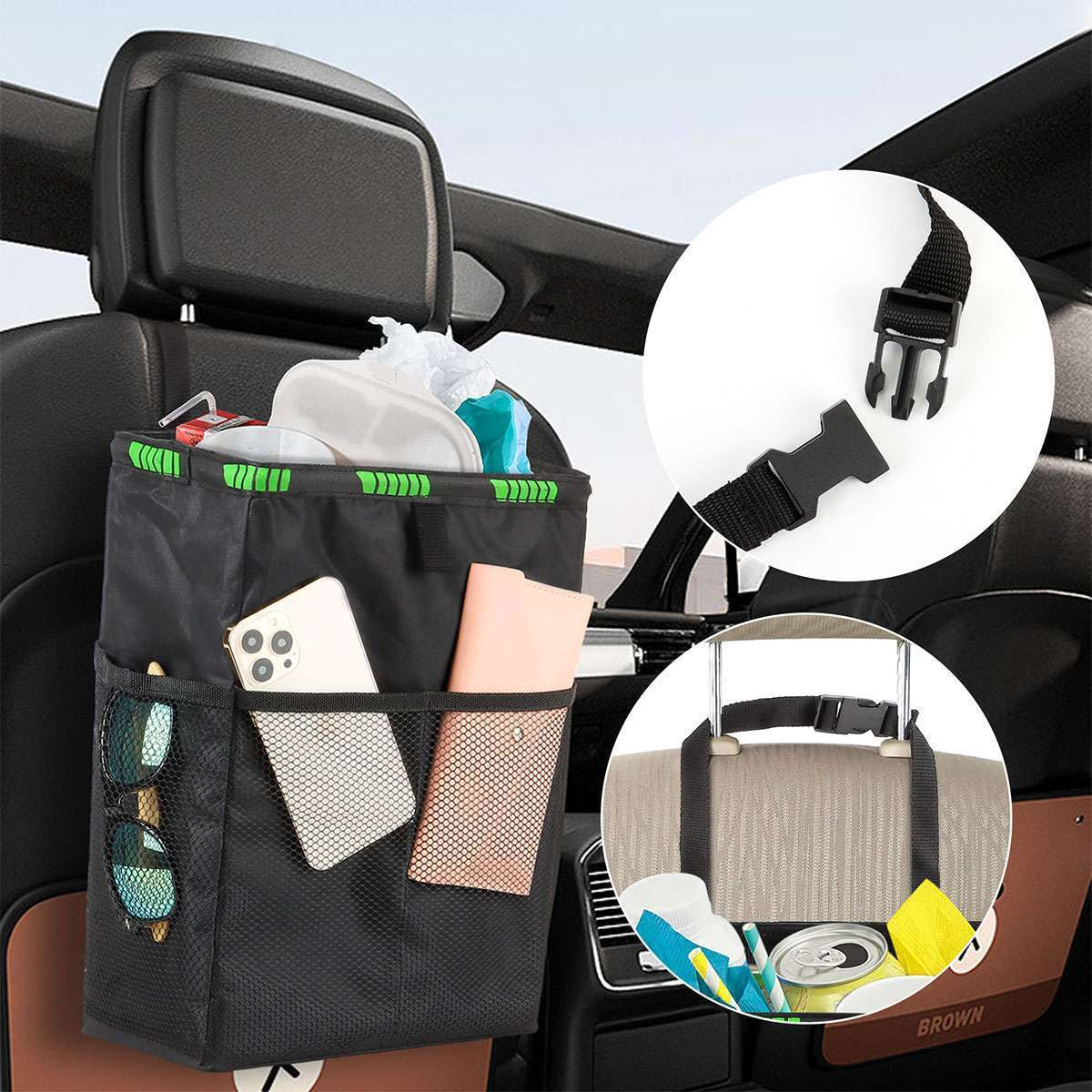 Car Trash Bag Litter Can Garbage Waste Bin Seat Organizer Storage Box for Trip